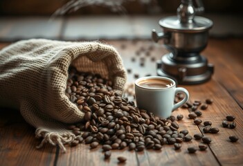 Aromatic Coffee Beans Burlap Sack Espresso Cup on Wooden Table