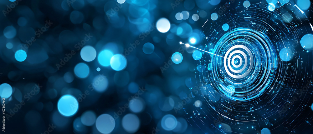 Poster vibrant blue abstract design with circular patterns and light effects