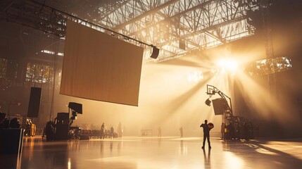 Basketball Player Silhouette with Sunbeams in Large Indoor Venue