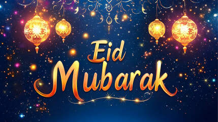 Festive Eid Mubarak greeting with glowing lanterns and ornate design on a blue background.