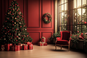 Cozy Christmas living room with a decorated tree and gifts in a warm setting
