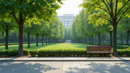 Serene Urban Park with Lush Greenery and a Tranquil Bench