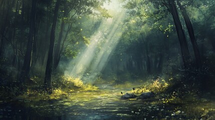 Obraz premium Sunlight beams through the trees of a lush, green forest, illuminating a path leading into the woods.