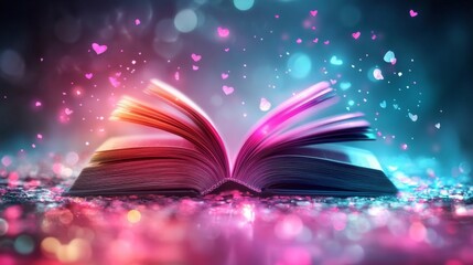Magical Open Book with Glitter and Hearts