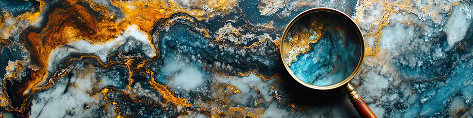 Naklejka premium Focused Abyss: A magnifying glass, resting on a marble surface, showcasing a microscopic world.