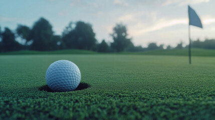 Obraz premium Close-up Golf Ball Rolling Toward Hole on Manicured Putting Green with Flag
