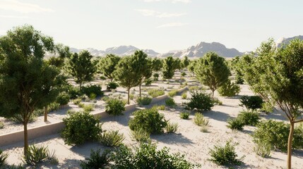 Futuristic Solar-Powered Irrigation Systems Transforming Arid Deserts into Lush Crop Fields in 3D Rendered Artwork