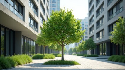 Urban Oasis: A Lush Tree Amidst Modern Architecture
