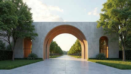 Symmetrical Modern Archway Entryway to a City Park