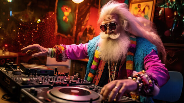 Funky grandfather dancing and playing disco music, hippie senior deejay on nightclub turntable, cool Christmas Santa