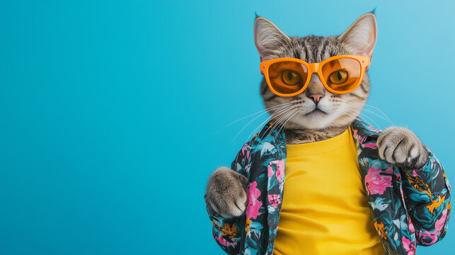 Quirky and fun image of a stylish cat wearing vibrant orange sunglasses, a yellow shirt, and a floral jacket against a bright blue background, radiating charm and personality.