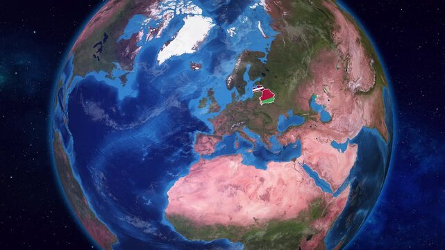 Earth Zooming on Belarus And Latvia Highlighted with their Flags
