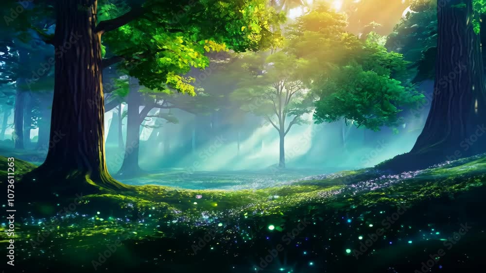 Poster enchanted forest with sunlight filtering through trees, creating a magical, serene landscape filled 