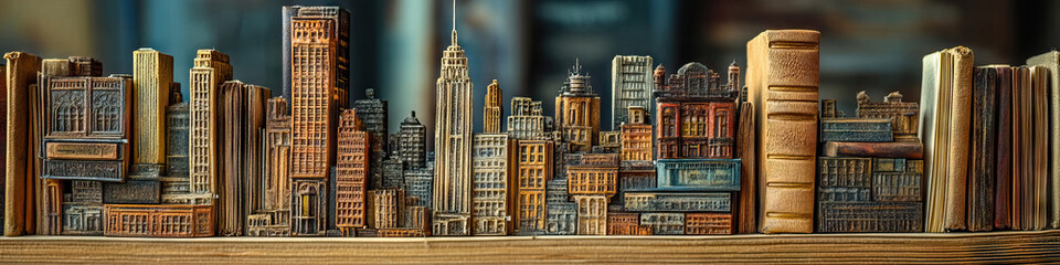 Obraz premium Minuscule Metropolis: A miniature cityscape, crafted from intricately painted matchsticks, perched atop a stack of old books.