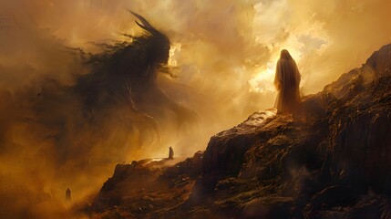A powerful scene of Jesus confronting temptation, his figure bathed in a warm glow, as Satan's dark shadow rises behind him on a desolate desert cliff 