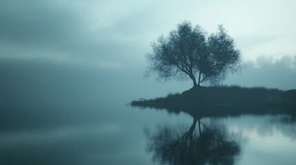 A single tree stands on a small island in a foggy lake at dawn.