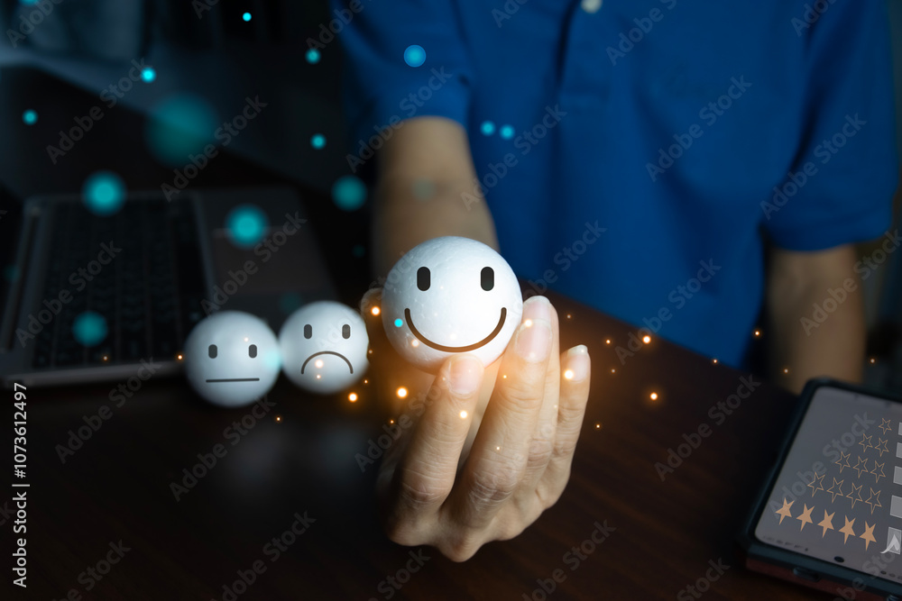 Poster users rate service experience on online application for customer satisfaction survey concept..