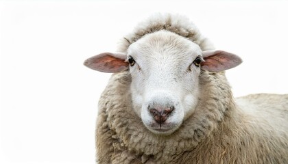 Fototapeta premium close-up portrait of a sheep with a serene expression against a white background.