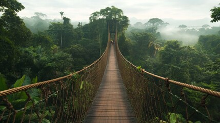 Obraz premium Suspended Bridge in Misty Jungle