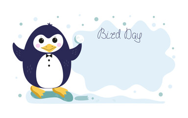 Banner, postcard. National Bird Day. Cute funny penguin, polar bird. Cartoon animal of Antarctica. Hand lettering. Space for text. Background with snowflakes, snow, ice.