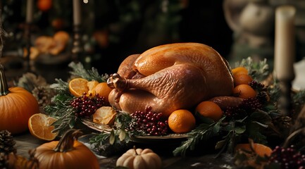 Golden-browned Christmas turkey on a festive dining table, surrounded by oranges, berries, and greenery. Warm holiday atmosphere with pumpkins and gourds, captured with focus stacking.

