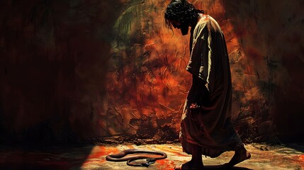 Fototapeta premium A weary but steadfast Jesus standing tall, as Satan’s serpent-like shadow coils around his feet, symbolizing the deceit of temptation. 