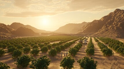 Naklejka premium Futuristic Desert Farming: Solar-Powered Irrigation Systems Amidst Arid Landscape