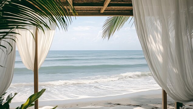 Tranquil Beach View From Cabana With White Curtains