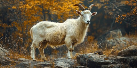 Obraz premium White goat standing on rocks in a forest with fall foliage.