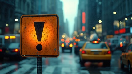 A caution sign glows in the rain, directing drivers in the bustling city. The blurred lights of traffic in the background create a vibrant, dynamic urban scene.