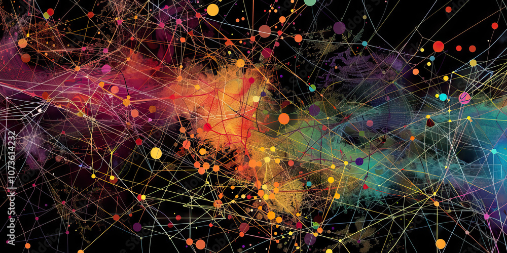 Poster an intricate concept web, with lines and nodes in different colors, depicting the complex relationsh