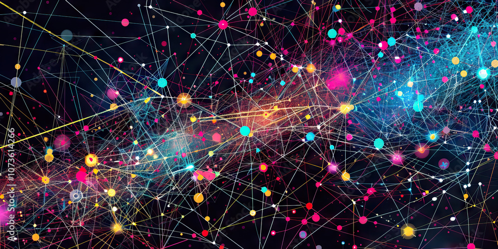 Poster an intricate concept web, with lines and nodes in different colors, depicting the complex relationsh