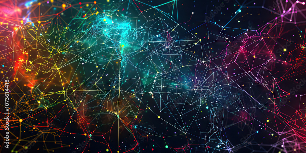 Poster an intricate concept web, with lines and nodes in different colors, depicting the complex relationsh
