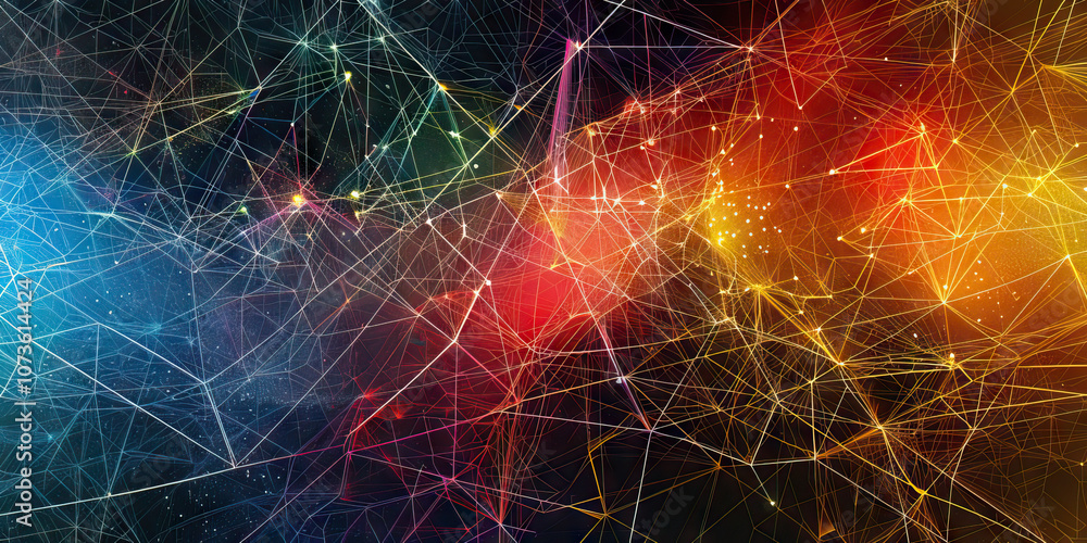 Poster an intricate concept web, with lines and nodes in different colors, depicting the complex relationsh