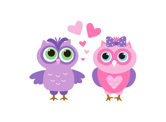Set of vector cartoon bright owls. Valentine's Day. Cartoon couple of cute bright birds. Design for a holiday card.