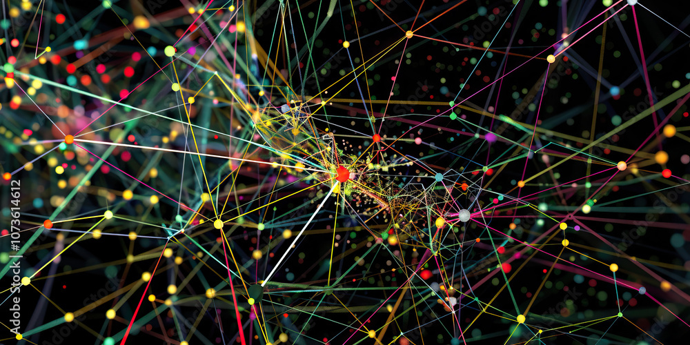 Poster an intricate concept web, with lines and nodes in different colors, depicting the complex relationsh
