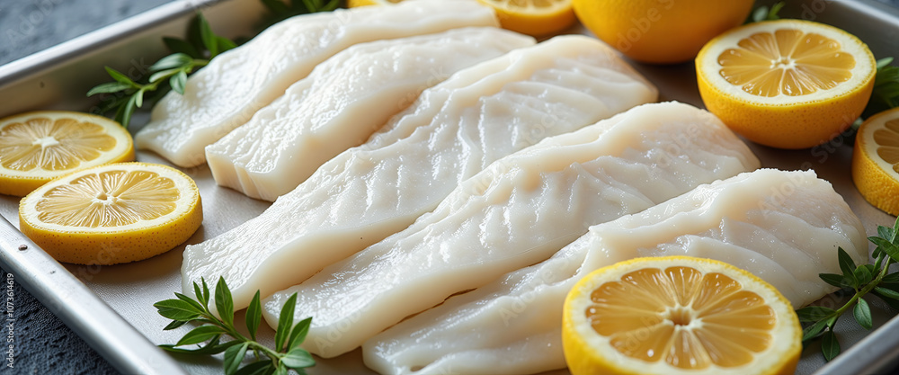 Poster a plate of fish with lemon slices and parsley. the fish is cut in half and the lemon slices are plac