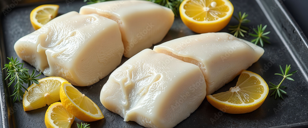 Poster a plate of fish with lemon slices and parsley. the fish is cut in half and the lemon slices are plac