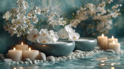 Serene Spa Scene Featuring Delicate White Orchids and Softly Glowing Candles for Relaxation and...