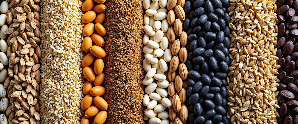 Poster a row of different colored and shaped nuts and beans. the nuts are in the foreground and the beans a