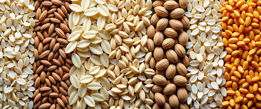 Poster a row of different colored and shaped nuts and beans. the nuts are in the foreground and the beans a