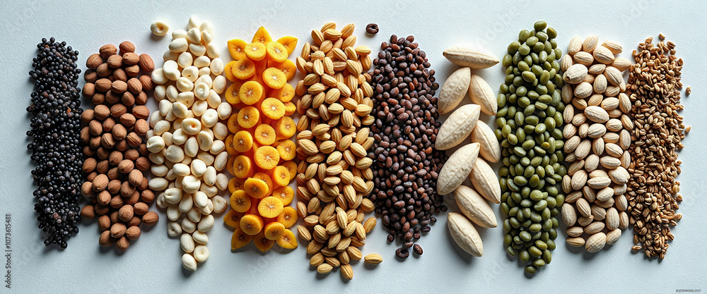 Poster a row of different colored and shaped nuts and beans. the nuts are in the foreground and the beans a