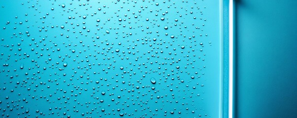 Soft blue artificial light through raindrop-covered window, melancholic and peaceful mood