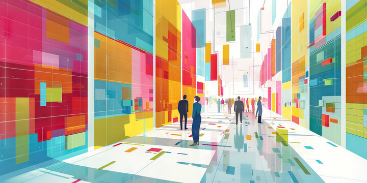 A vibrant concept chart, divided into columns and rows with color-coded cells, illustrating the distribution and comparison of multiple ideas.