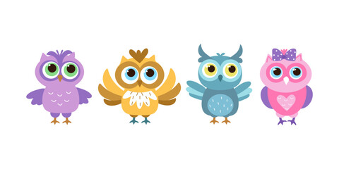 Set of vector cartoon owls. Collection of various cute birds for creative design projects, minimalistic cute bright set owls, vector illustration