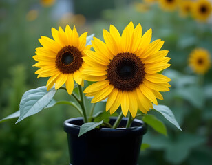 Obraz premium Two large sunflowers, one slightly taller, with fresh green leaves, situated in a tall glossy black ceramic pot, surrounded by a vibrant green garden background during midday.