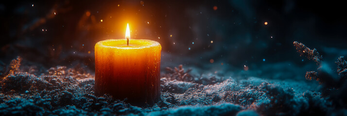 A warm candlelight illuminates the surroundings, creating a calm ambiance with specks of light dancing through the darkness