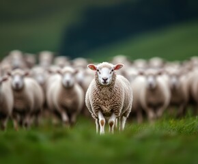 Obraz premium A curious sheep stands out in a lush green field, surrounded by its flock. The serene landscape highlights the beauty of rural life and livestock dynamics.