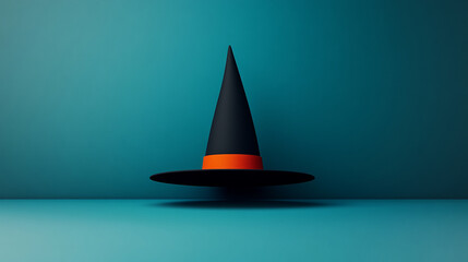 Fototapeta premium A black witch's hat with an orange band sits on a blue background.
