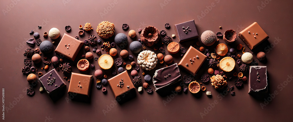 Poster a chocolate display with many different shapes and sizes of chocolate. concept of abundance and vari